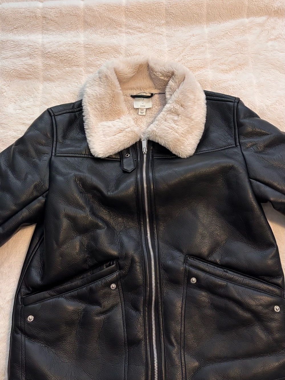 Joie Black Faux Leather Coat with Cream Faux Fur Collar